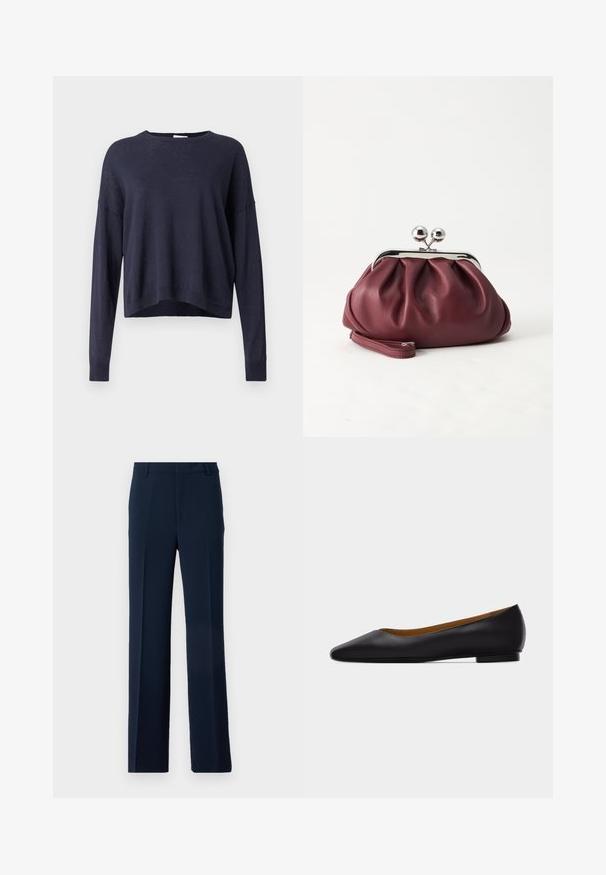 Pull en maille bleu marine avec une coupe décontractée, col rond et manches longues. Doté de poignets et d'un ourlet côtelés, en tissu léger et texturé.; Pantalons bleu marine en tissu lisse, présentant un design à jambe droite avec des plis avant et des poches latérales pour une allure soignée.; Chaussure plate en cuir noir à bout pointu avec talon bas et finition lisse, vue de côté sur un fond gris clair.; Petit sac pochette en cuir bordeaux avec fermoir métallique argenté et bracelet sur fond blanc.