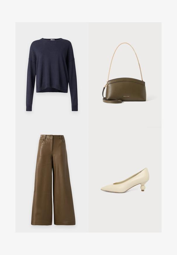 Pull en maille bleu marine avec une coupe décontractée, col rond et manches longues. Doté de poignets et d'un ourlet côtelés, en tissu léger et texturé.; Pantalons à jambes larges en simili cuir marron lisse. Présentent une taille haute, quatre poches et une fermeture éclair sur le devant. Texture plate et design minimaliste.; Chaussure femme couleur crème à bout pointu avec un petit talon rond en forme de boule, sur fond uni.; Sac à main Michael Kors vert olive avec bandoulière en chaîne dorée, dessus courbé et petit logo doré sur le devant, présenté sur fond blanc.