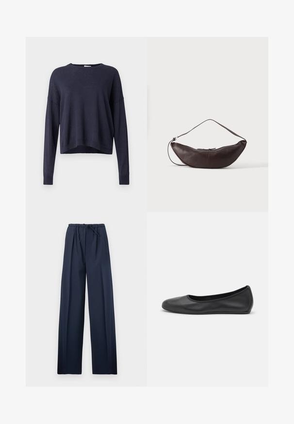 Pull en maille bleu marine avec une coupe décontractée, col rond et manches longues. Doté de poignets et d'un ourlet côtelés, en tissu léger et texturé.; Pantalon large bleu marine avec taille élastique et cordon de serrage ajustable, présenté à plat sur un fond blanc.; Ballerines en cuir noir avec un bout rond, texture lisse, détails de couture minimalistes et design de semelle flexible.; Sac d'épaule en cuir marron foncé en forme de croissant avec une lanière courbée et des coutures visibles sur fond uni.