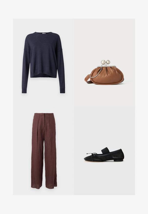 Pull en maille bleu marine avec une coupe décontractée, col rond et manches longues. Doté de poignets et d'un ourlet côtelés, en tissu léger et texturé.; Pantalon large taille haute marron foncé avec plis sur le devant et taille structurée, fabriqué en tissu léger.; Chaussure plate noire avec un bout pointu, fabriquée en tissu texturé, avec un accent à nœud et un petit talon rond. Sangle élastique au niveau de la cheville.; Pochette en cuir marron avec un fermoir à boule en argent et un petit détail en chaîne argentée sur fond blanc.