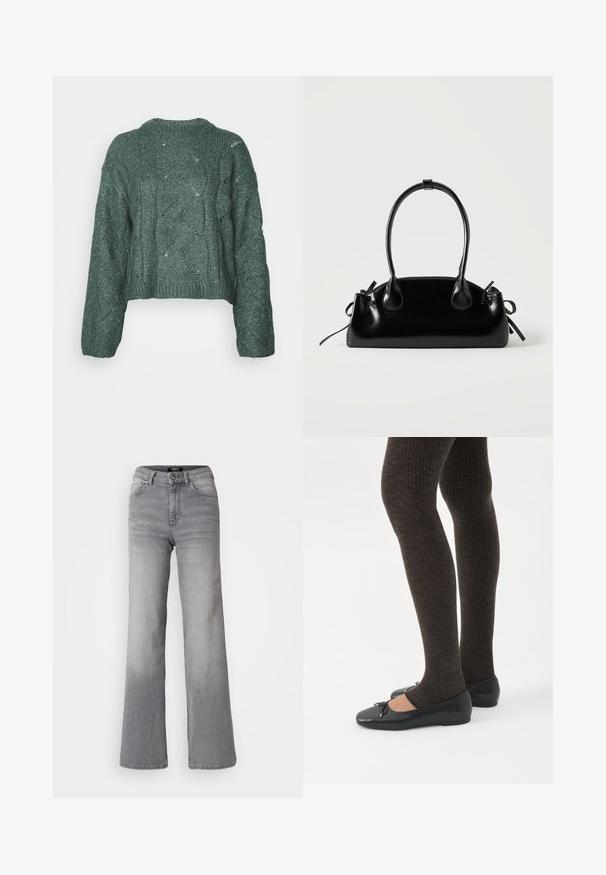 Afskåret grøn sweater med et tekstureret strikkemønster, som har bølgende designs og en ribbet halsudskæring. Lange ærmer og en afslappet pasform.; Højtaljede grå denim jeans med lige ben, med frontknap og lynlås, foran og bagpå lommer, samt nedtoning på lår og lægge.; Ben iført mørke ribbede leggings kombineret med sorte balletsko med små sløjfedetaljer på hvid baggrund.; Lille sort blank håndtaske med to lange håndtag og snøre-detaljer i siden på en ensfarvet lys baggrund.