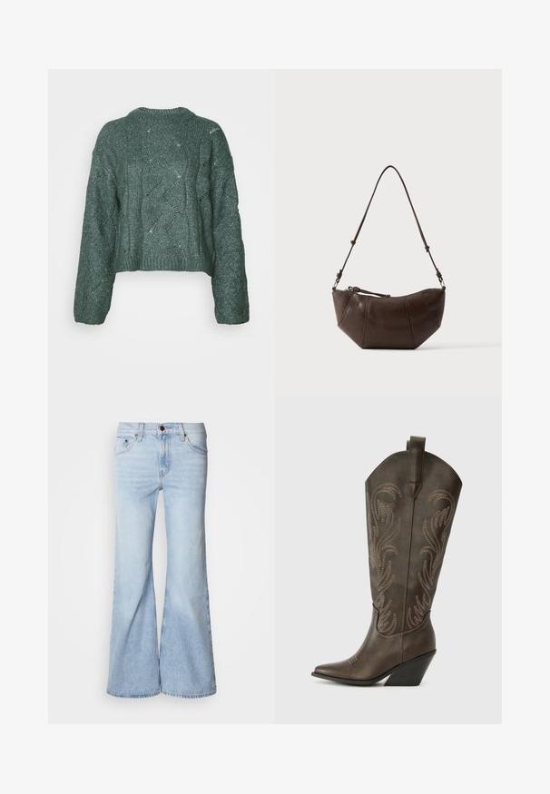 Afskåret grøn sweater med et tekstureret strikkemønster, som har bølgende designs og en ribbet halsudskæring. Lange ærmer og en afslappet pasform.; Lyseblå vidde jeans med højtaljet design, lavet af denimstof, fem lommer og knaplukning. Benene er vide og har en let falmet finish.; Brune læder cowboystøvle med spids tå, kilehæl og dekorativ broderi. Har en høj stok og en trækflap.; Brun læder skuldertaske med buet bund og justerbar rem mod en ensfarvet lys baggrund.