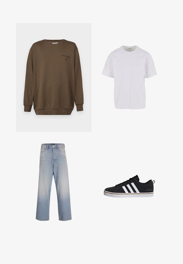 Brun bomulds sweatshirts med rund hals, lange ærmer og ribbede manchetter. Har broderet tekst "Lunar Hypnosis" og en lille stjerne accent.; Hvid T-shirt med korteærmer lavet af blødt bomuld, med rund halsudskæring og en afslappet pasform med lige kant. Ingen mønstre eller detaljer synlige.; Lyseblå bredbenede jeans lavet af denim, med høj talje, forlommer og en falmet vask effekt for et tekstureret udseende.; Sort atletiksko med tre hvide striber, snørelukning, gummisål og forstærket tå. Har et logo på siden og tekstureret materiale.