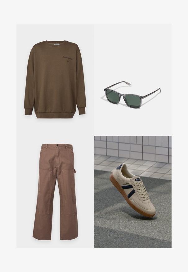 Bruine katoenen sweatshirt met een ronde hals, lange mouwen en ribgebreide manchetten. Bevat geborduurde tekst "Lunar Hypnosis" en een kleine steraccent.; Bruine katoenen cargobroek met een ontspannen pasvorm, zijzakken en grote knieën voor extra duurzaamheid en stijl.; Beige sneaker met een textuurafwerking, marineblauwe strepen en een rubberen zool. Heeft een gevoerde tong en een traditioneel vetersysteem voor een veilige pasvorm.; Polaroid Zonnebril - grey