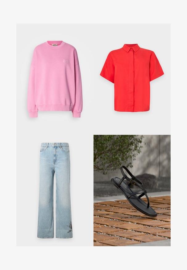 Sweatshirt rose en coton, avec un col rond, des manches longues, des poignets côtelés et un petit logo brodé sur la poitrine.; Chemise rouge à manches courtes avec un col boutonné, en tissu lisse, présentant une coupe droite et une fermeture par boutons sur le devant.; Jeans larges en denim bleu clair, avec une texture délavée et des broderies florales sur le bas de la jambe gauche.; Sandale plate noire à lanières avec boucle dorée flottant au-dessus d'un sol à motifs de briques et de galets, à l'extérieur près de la verdure.
