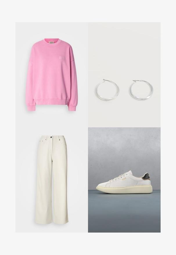 Sweatshirt rose en coton, avec un col rond, des manches longues, des poignets côtelés et un petit logo brodé sur la poitrine.; Pantalons larges de couleur crème en tissu lisse. Dotés d'une taille mi-haute, d'une fermeture éclair et de deux poches avant avec des accents en matériel noir.; Basket blanche avec un upper en cuir lisse, dotée d'une languette de talon en cuir beige et noir, de lacets ronds et d'une semelle en caoutchouc beige épaisse. Détail du logo doré.; Boucles d’oreilles créoles en métal argenté avec une surface lisse légèrement incurvée et des fermoirs à clapet sur un fond blanc uni.