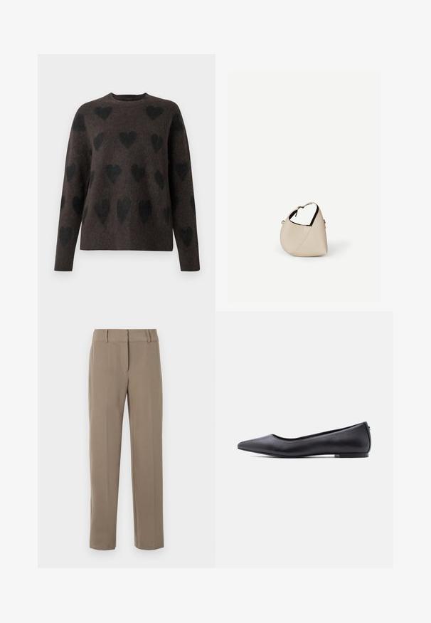 Suéter marrón con una textura suave, que presenta un patrón de corazones negros. Tiene un escote redondo y mangas largas.; Pantalones caqui de pierna recta con trabillas para cinturón y cierre frontal de cremallera sobre fondo blanco.; Zapato plano de cuero negro con punta puntiaguda y tacón bajo, mostrado de perfil contra un fondo blanco.; Bolso de cuero beige en forma de media luna con una sola correa para el hombro y costuras mínimas, colocado sobre un fondo blanco liso.