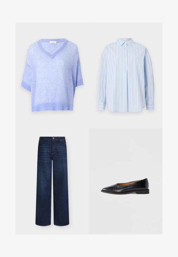 Pull doux bleu clair à manches courtes, col en V, avec ourlet et poignets côtelés, présenté sur un fond blanc.; Chemise bleu clair à manches longues avec des rayures verticales blanches, trois boutons blancs sur la patte de boutonnage avant, et un col classique sur fond uni.; Jeans en denim bleu foncé à jambes larges avec poches avant, fermeture par boutons et légère décoloration sur les cuisses à l'avant.; Chaussure plate en cuir noir avec un bout pointu et un petit talon carré. Texture lisse, design minimaliste, sans éléments métalliques visibles ni motifs.