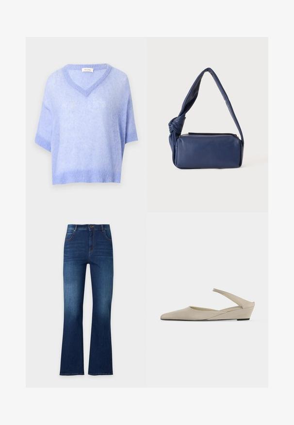 Pull doux bleu clair à manches courtes, col en V, avec ourlet et poignets côtelés, présenté sur un fond blanc.; Jean en denim bleu foncé avec une taille haute, cinq poches, fermeture à boutons et jambes légèrement évasées.; Chaussure slingback beige à petit talon compensé, bout pointu et finition mate lisse, présentée de profil sur fond blanc.; Sac à bandoulière rectangulaire en cuir bleu foncé avec une sangle douce nouée et une fermeture éclair sur le dessus, présenté sur un fond uni.