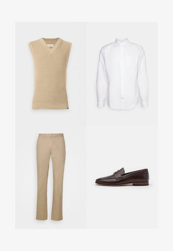 Beige, ærmeløs strikket sweatervest med V-udskæring og ribbet kant, vist mod en ensfarvet hvid baggrund.; GAP STANDARD OXFORD - Skjorter - white; Beige lige bukser i bomuldsstof med flad front og bæltestropper. Har en enkelt knaplukning og opretstående mansjetter.; Brune læder loafer med et vævet accent over toppen, glat finish, let spidse tå og en lav stablet hæl.