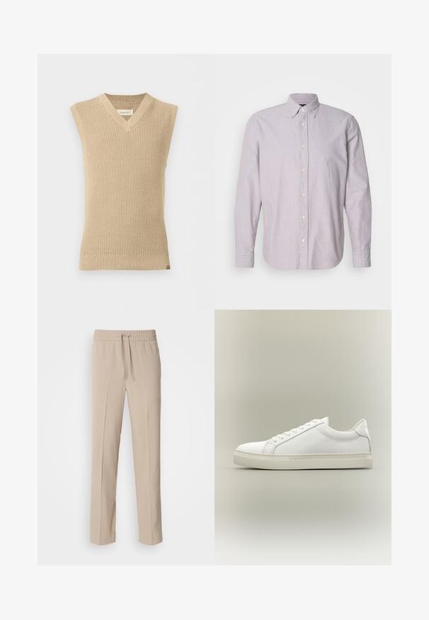 Gilet en tricot beige sans manches avec col en V et ourlet côtelé, présenté sur fond blanc uni.; Chemise à manches longues en coton, rayée violet clair et blanc, avec un col boutonné, des boutons jaunes et des fentes sur les côtés.; Pantalons beiges, coupe décontractée, fabriqués en tissu doux, dotés d'une taille élastique avec cordon de serrage et de jambes droites avec des accents minimalistes.; Baskets blanches basses à lacets sur l’avant et semelle épaisse, vues de côté sur un fond neutre.