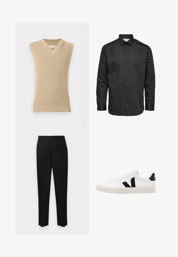 Beige, ærmeløs strikket sweatervest med V-udskæring og ribbet kant, vist mod en ensfarvet hvid baggrund.; Sort herreskjorte med lange ærmer, knaplukning og klassisk krave, vist mod en hvid baggrund.; Sorte skræddersyede bukser med et straight-leg design, der har lukning med knap og subtil tekstur. Ingen synlige mønstre eller accenter.; Hvide lædersneakers med sorte ruskindsdetaljer; har en gummisål, rund tå og klassisk snørebåndsdesign. Side logo i sort.