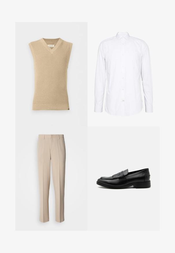 Chaleco de punto beige sin mangas con escote en V y bajo acanalado, mostrado sobre un fondo blanco liso.; Camisa blanca de manga larga hecha de algodón. Presenta un cuello, cierre frontal con botones y puños con un solo botón. Textura suave, diseño limpio.; Pantalones beige a medida con corte recto, confeccionados en una tela suave. Presentan un frontal liso y una pretina estándar con trabillas para cinturón.; Mocasín negro de cuero para hombre con detalle de borlas, punta redondeada, tacón bajo y acabado liso y pulido, mostrado de lado sobre un fondo blanco.