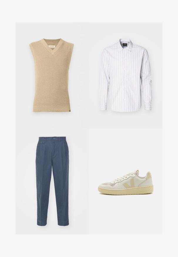 Chaleco de punto beige sin mangas con escote en V y bajo acanalado, mostrado sobre un fondo blanco liso.; Camisa blanca de botonadura completa con franjas verticales rojas, mangas largas, un cuello estándar y una textura de tela suave.; Only & Sons ONSPALE NEW LOOSE PANT - Pantalones - dark slate; Zapatillas beige con una punta de malla texturizada, parte superior de cuero suave y acentos de logotipo en contraste. Suela plana de goma con un diseño elegante.