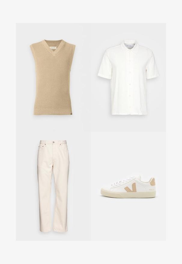 Beige, ærmeløs strikket sweatervest med V-udskæring og ribbet kant, vist mod en ensfarvet hvid baggrund.; Kortærmet hvid skjorte med et tekstureret mønster, spidse krave og lukning med knapper foran. Lavet af letvægtsstof.; Cremfarvet denim jeans med lige ben. Har fem lommer, frontlukning med knap og kontrasterende syninger.; Hvide sneakers med beige detaljer, glat lædermateriale, rund tå, flad gummisål og snørebånd foran med et logo på hælen.