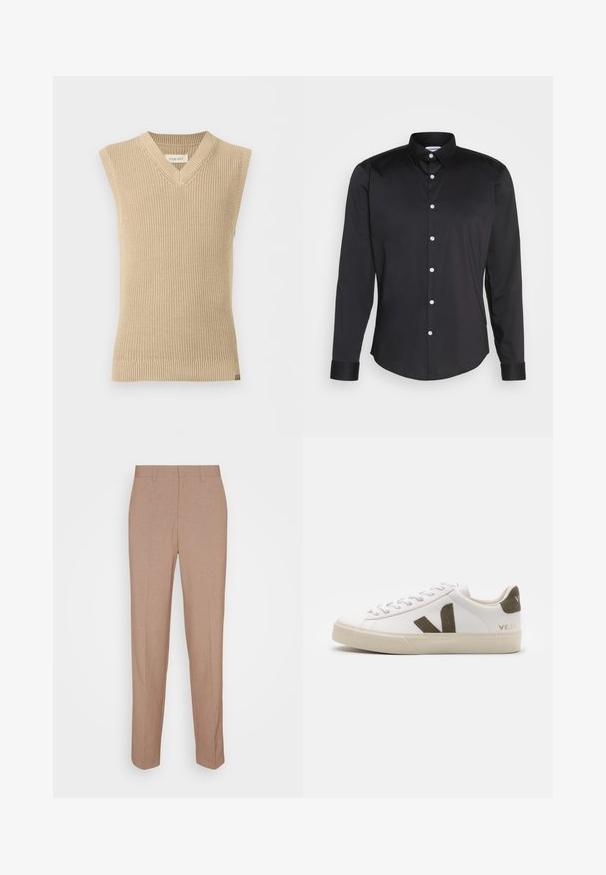 Beige, ærmeløs strikket sweatervest med V-udskæring og ribbet kant, vist mod en ensfarvet hvid baggrund.; Sort langærmet skjorte lavet af glat stof, med spidse krave, frontlukning med hvide knapper og enkeltknapmanchetter.; Beige skræddersyede bukser i en glat, struktureret stof. Straight fit med en linning og uden synlige pyntedetaljer eller lommer.; Hvide læder sneakers med en lys beige gummisål. Har en brun ruskinds V-logo og hælflap. Snørret lukning med en struktureret overflade.