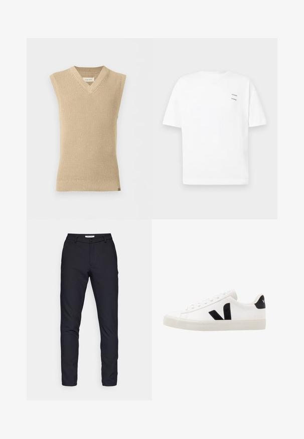 Gilet en tricot beige sans manches avec col en V et ourlet côtelé, présenté sur fond blanc uni.; T-shirt blanc en coton avec une coupe décontractée, des manches courtes et un col en V. Présente deux petits logos noirs imprimés sur le côté gauche.; Pantalon noir en tissu uni, avec une fermeture éclair, un bouton, des passants de ceinture, et des jambes droites sans motifs ni textures visibles.; Sneaker blanche en cuir avec des accents en daim noir ; dispose d'une semelle en caoutchouc, d'un bout rond et d'un design classique à lacets. Logo latéral en noir.