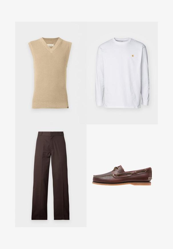 Gilet en tricot beige sans manches avec col en V et ourlet côtelé, présenté sur fond blanc uni.; T-shirt à manches longues blanc en coton. Présente un petit logo doré sur la poitrine et un col rond. Design simple et coupe standard.; Pantalon marron droit avec passants de ceinture et fermeture éclair à l'avant, présenté sur un fond clair uni.; Chaussure bateau en cuir marron avec coutures blanches, détails de lacets et semelle en caoutchouc beige, vue de côté sur fond blanc.