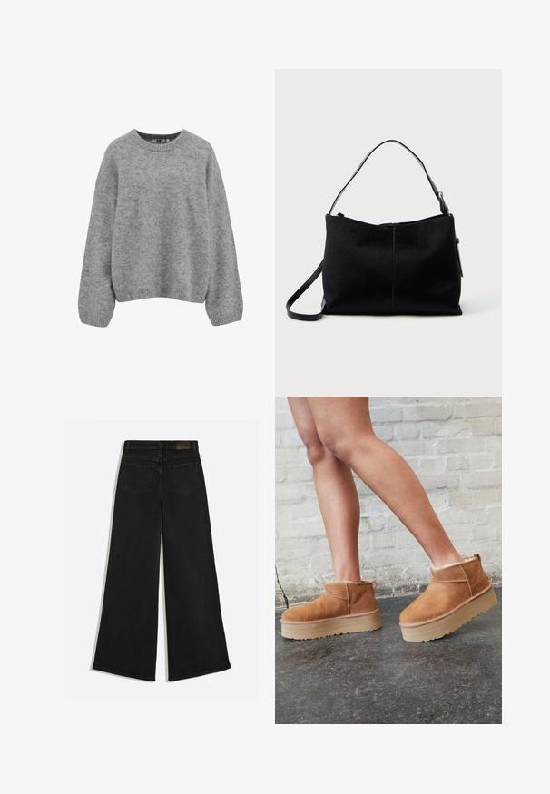 Blød lysegrå strikket sweater med lange ærmer og ribbede manchetter, kant og rund halsudskæring.; Sort vidde jeans med baglommer og bæltestropper på linningen, set bagfra.; Brune ruskinds ankelsko med en blød foring, tyk beige plattformsål og en bageste løkke. Tekstureret overflade med synlige sømdetaljer.; Sort skuldertaske med en glat, tekstureret overflade, prydet med en enkelt rem og en lynlåslukning øverst. Kompakt rektangulær form.