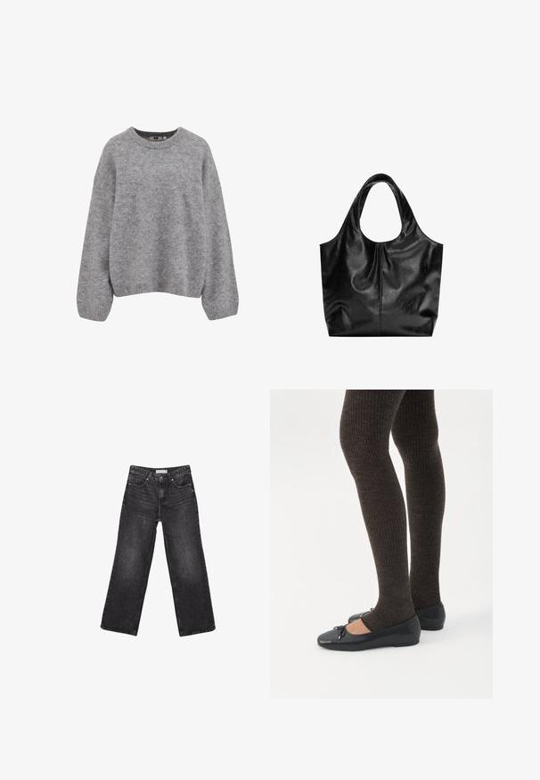 Blød lysegrå strikket sweater med lange ærmer og ribbede manchetter, kant og rund halsudskæring.; Sorte denimjeans med brede ben, for- og baglommer, knaplukning og bæltestropper, lagt fladt på en hvid baggrund.; Ben iført mørke ribbede leggings kombineret med sorte balletsko med små sløjfedetaljer på hvid baggrund.; Sort læder tote taske med en glat overflade, en blød, afrundet top og brede håndtag. Har minimal syning og en afslappet silhuet.