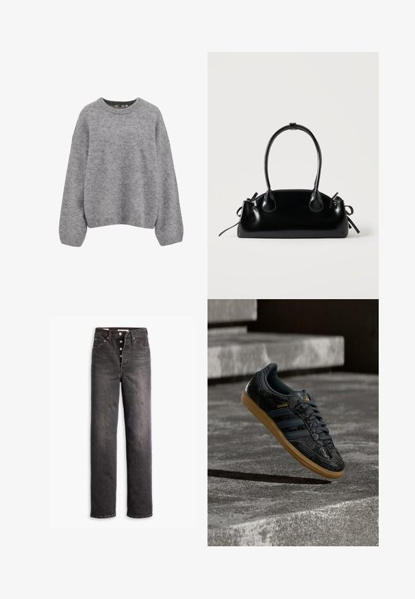 Blød lysegrå strikket sweater med lange ærmer og ribbede manchetter, kant og rund halsudskæring.; Sorte højtaljede jeans med lige ben-design, lavet af denim. Features en knaplukning, kobberdetaljer og kontrastsyninger.; Sort Adidas Samba-sneaker med struktureret mønster, gummisål og guldlogo, placeret i luften over betontrin.; Lille sort blank håndtaske med to lange håndtag og snøre-detaljer i siden på en ensfarvet lys baggrund.