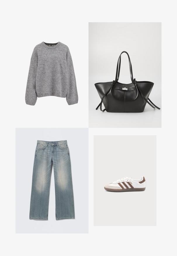 Blød lysegrå strikket sweater med lange ærmer og ribbede manchetter, kant og rund halsudskæring.; Lyseblå jeans med vide ben og falmet finish, lavet af denim. Har bæltestropper, forlommer og lynlås med knaplukning.; Hvid Adidas Samba sneaker med brune ruskindstriber, brun ruskindstå og gummisål på en lys grå baggrund.; Sort læder tote taske med en bred, trekantet form. Har en slank metallisk lås, lange håndtag og glat tekstur.