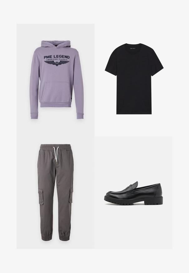 Paarse hoodie van zacht materiaal met een voorzak, geribde manchetten en een grafische print met de tekst "PME LEGEND AMERICAN CLASSIC."; Zwarte katoenen t-shirt met korte mouwen en een ronde hals. De stof heeft een gladde textuur en een eenvoudig, effen ontwerp.; Pier One by Zalando RELAXED CARGO - Cargobroek - dark grey; Zwarte leren instappers met een ronde neus, slip-on ontwerp en dikke rubberen zool met een gestructureerde grip. Verhoogde hak en subtiele stikdetails.