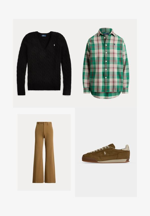 Pull noir torsadé à col en V, manches longues, avec un petit logo blanc Polo Ralph Lauren sur la poitrine gauche.; Chemise à carreaux verte, blanche et rouge à manches longues, boutonnée, avec col et petit logo bleu brodé sur la poitrine.; Pantalon marron taille haute à jambes larges avec passants de ceinture, bouton frontal et fermeture éclair sur fond clair.; Baskets en daim marron avec lacets crème, semelle épaisse et petit logo blanc brodé sur le côté.