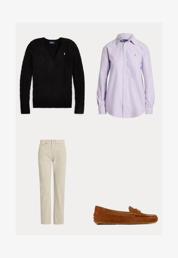 Sort kabelstrikket V-hals sweater med lange ærmer og et lille hvidt Polo Ralph Lauren-logo på venstre bryst.; Lyse lilla langærmet skjorte med knapper, krave og lille broderet logo på venstre bryst.; Beige, lige-benede fløjlsbukser med bæltestropper, frontknap, lynlås og frontlommer.; Brun ruskind loafer med gulddetalje og gummisåle med små knopper, set fra siden på en ensfarvet baggrund.