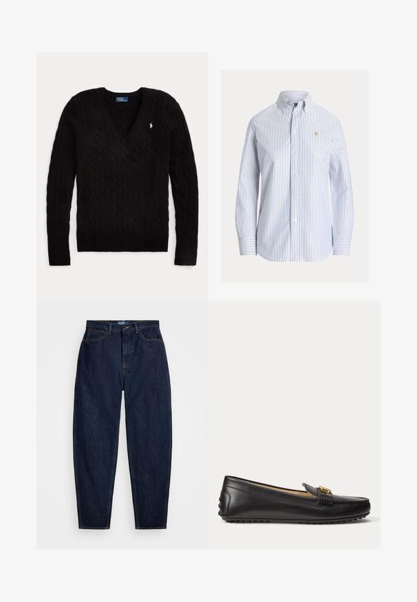 Čierny sveter s pleteným vzorom à la vrkoč, V-výstrihom, dlhými rukávmi a malým bielym logom Polo Ralph Lauren na ľavej strane hrude.; Biela košeľa na gombíky s vertikálnymi svetlomodrými pásmi, golier s gombíkmi a malým vyšívaným logom na ľavej strane hrudníka.; Tmavomodré džíny so strihom rovného nohu, s oranžovým štepovaním, predným zapínaním na gombík a piatimi vreckami.; Čierny kožený loafer so zlatou prackou a gumovou podrážkou s hrotmi, zobrazený z boku na bielom pozadí.