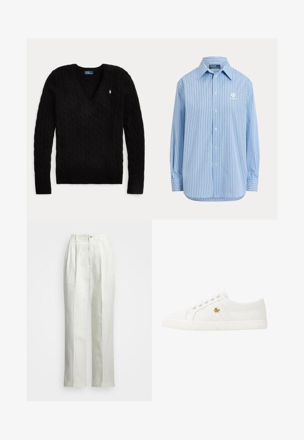 Sort kabelstrikket V-hals sweater med lange ærmer og et lille hvidt Polo Ralph Lauren-logo på venstre bryst.; Lyseblå skjorte med lange ærmer med tynde vertikale sorte striber, hvide knapper foran og Polo by Ralph Lauren mærke indeni kraven.; Hvide bukser lavet af et glat stof med høj talje, brede ben, frontfolder og en rullet kant. Enkel knaplukning i taljen.; Lauren Ralph Lauren JANSON II CANVAS SNEAKER - Sneakers - optic white