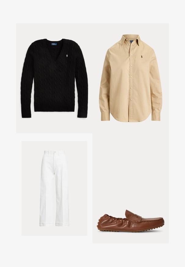 Pull noir torsadé à col en V, manches longues, avec un petit logo blanc Polo Ralph Lauren sur la poitrine gauche.; Chemise beige à manches longues boutonnée avec col, petit logo brodé sur la poitrine gauche et ourlet arrondi sur fond uni.; Pantalon blanc à jambes larges en coton, avec une taille haute, une fermeture par boutons et de fines plis discrets courant à l'avant.; Mocassin en cuir marron avec détails cousus et arrière élastiqué, doté d’une semelle texturée pour une meilleure adhérence.