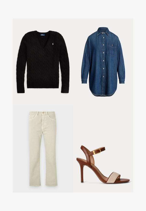 Sort kabelstrikket V-hals sweater med lange ærmer og et lille hvidt Polo Ralph Lauren-logo på venstre bryst.; Langærmet blå denim knap-op skjorte med brystlomme med lille broderet logo og klassisk krave.; Lysebeige jeans med lige ben, lukkes med knap, har fem lommer og diskrete syningsdetaljer, lavet af denimstof.; Brun højhælet sandal med en tynd ankelrem og gulddetalje, med en beige tekstureret frontrem og en slank stilethæl.