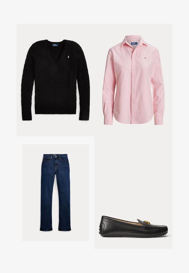 Sort kabelstrikket V-hals sweater med lange ærmer og et lille hvidt Polo Ralph Lauren-logo på venstre bryst.; Lyserød langærmet skjorte med knapper og krave samt lille broderet logo på venstre bryst fra Polo Ralph Lauren.; Mørkeblå straight-leg jeans med frontknap og lynlås, fem-lomme design og synlige syninger.; Sort læderloafer med guldbeslag og gummisåle med nitter, vist fra siden på hvid baggrund.