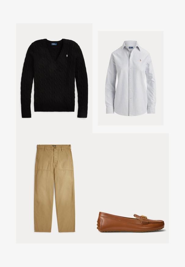 Pull noir torsadé à col en V, manches longues, avec un petit logo blanc Polo Ralph Lauren sur la poitrine gauche.; Chemise blanche à boutons avec fines rayures verticales bleues, manches longues, col pointu et petit logo brodé sur la poitrine.; Pantalon beige droit avec poches plaquées à l'avant, passants pour ceinture, fermeture par bouton et fermeture éclair.; Mocassin en cuir marron avec détail boucle dorée, semelle en caoutchouc avec crampons au talon et sous la semelle.
