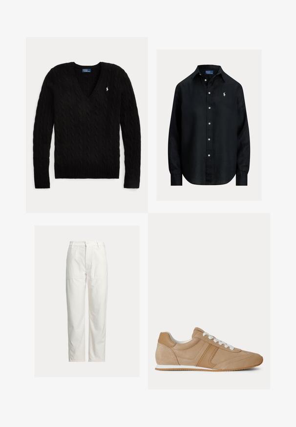 Pull noir torsadé à col en V, manches longues, avec un petit logo blanc Polo Ralph Lauren sur la poitrine gauche.; Chemise noire à manches longues avec col, boutons blancs et petit logo Polo Ralph Lauren blanc brodé sur le côté gauche de la poitrine.; Pantalon blanc droit avec grandes poches plaquées devant, passants de ceinture et fermeture par bouton à la taille.; Baskets basses en suède et cuir marron clair avec lacets blancs et semelle en caoutchouc blanc vues de profil sur fond blanc.