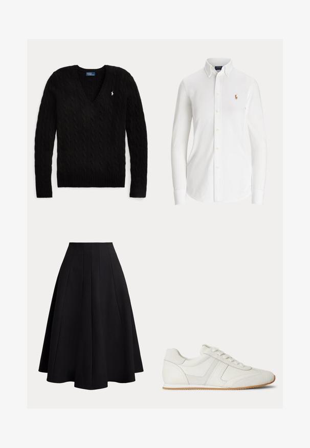 Čierny sveter s pleteným vzorom à la vrkoč, V-výstrihom, dlhými rukávmi a malým bielym logom Polo Ralph Lauren na ľavej strane hrude.; Biela košeľa s dlhým rukávom zapínaná na gombíky, golierom na gombíky a malým vyšitým logom hráča póla na hrudi.; Čierna áčková sukňa s priliehavým pásom, skladaným dizajnom, hladkou textúrou a dĺžkou po kolená, vyrobená z ľahkého materiálu.; Biela nízka teniska so šnurovaním vpredu, zsemišovými a koženými panelmi a svetlohnedou gumovou podrážkou na bielom pozadí.