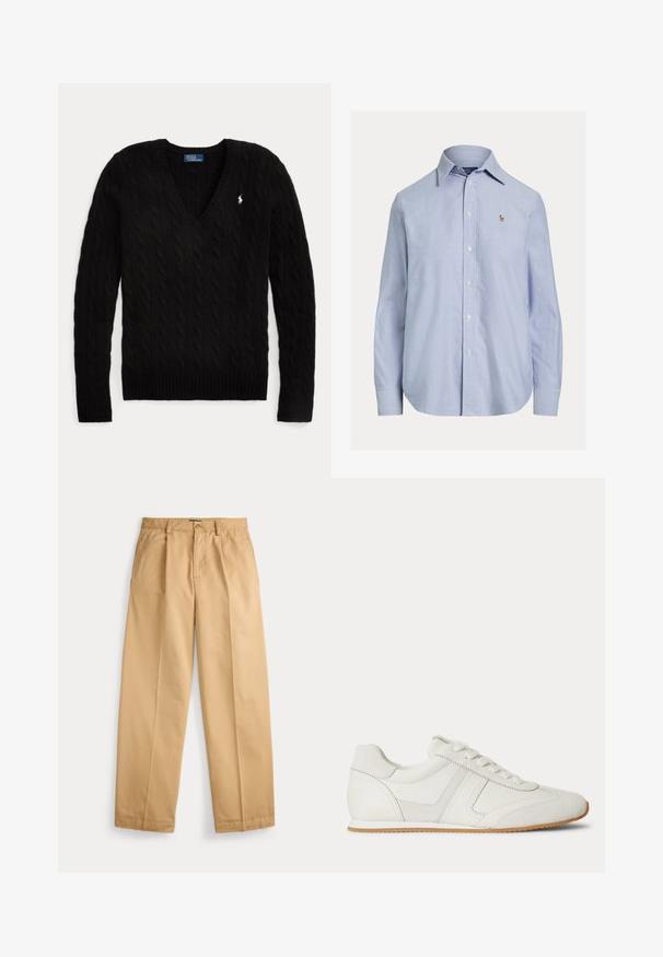 Pull noir torsadé à col en V, manches longues, avec un petit logo blanc Polo Ralph Lauren sur la poitrine gauche.; Chemise bleu clair à manches longues avec boutons, col pointu et petit logo brodé sur la poitrine gauche.; Pantalon beige à jambes droites avec fermeture par bouton et zip, poches avant, passants pour ceinture et plis marqués le long des jambes.; Baskets basses blanches avec laçage à l'avant, panneaux en daim et cuir, et une semelle en caoutchouc marron clair sur fond blanc.