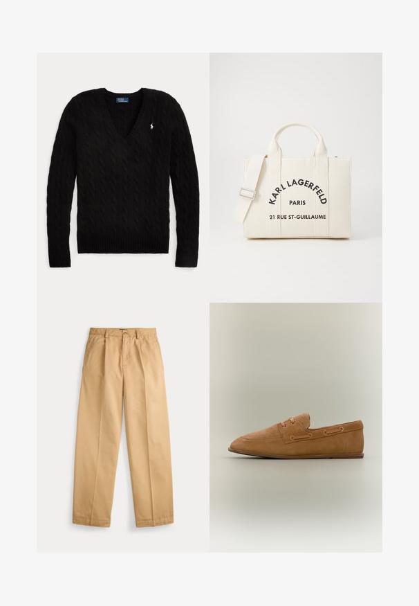 Sort kabelstrikket V-hals sweater med lange ærmer og et lille hvidt Polo Ralph Lauren-logo på venstre bryst.; Beige bukser med lige ben, lukning med knap og lynlås, forlommer, bæltestropper og pressede folder ned langs benene.; Brun ruskind slip-on loafer med snøredetaljer og flad sål, vist i sideprofil på neutral baggrund.; Hvid lærredshåndtaske med to top håndtag og en justerbar rem. Sort trykt tekst læser "KARL LAGERFELD PARIS 21 RUE ST-GUILLAUME."