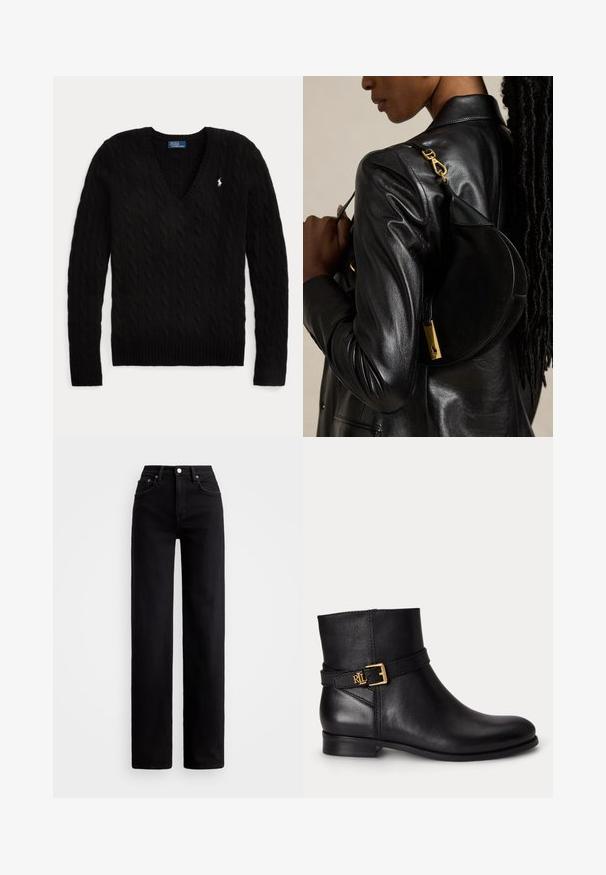 Sort kabelstrikket V-hals sweater med lange ærmer og et lille hvidt Polo Ralph Lauren-logo på venstre bryst.; Højtaljede sorte jeans med lige ben, lavet af denim, med frontlommer og sølvknaplukning.; Sort læderankelstøvle med lav hæl, sidestrop og guldfarvet spænde på ensartet lys baggrund.; Person iført sort læderjakke bærer sort halvmåneformet håndtaske med guldlås over skulderen mod ensfarvet baggrund.