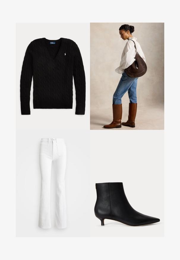 Sort kabelstrikket V-hals sweater med lange ærmer og et lille hvidt Polo Ralph Lauren-logo på venstre bryst.; Hvide flared jeans med høj talje, lavet af denim. Har to frontlommer og slidser i bunden. Rent design uden synlige detaljer.; Sort læder ankelstøvle med spids snude og lav kittenhæl på ensartet lysegrå baggrund.; Kvinde iført hvid bluse og blå jeans har på høje brune støvler og bærer en stor mørkebrun skuldertaske, stående sideværts mod en ensfarvet baggrund.