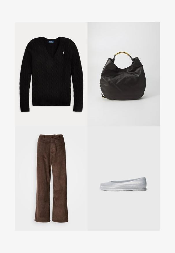 Sort kabelstrikket V-hals sweater med lange ærmer og et lille hvidt Polo Ralph Lauren-logo på venstre bryst.; Brune fløjl bukser med en bred benudskæring, der har lodrette ribber og en talje. Stoffet har et blødt, tekstureret udseende.; Sølvglitrende balletflade sko med rund tå, glat tekstur, lav profil og minimal hæl. Enkel design uden yderligere udsmykninger.; Sorte læderhåndtaske med en glat tekstur, har et buet, guldfarvet metalhåndtag og en afslappet, slappet form.
