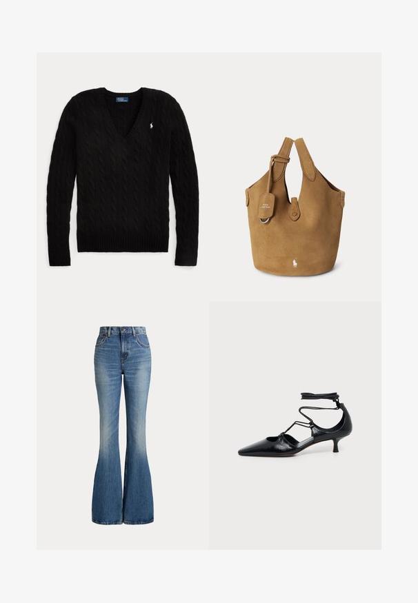 Pull noir torsadé à col en V, manches longues, avec un petit logo blanc Polo Ralph Lauren sur la poitrine gauche.; Jean en denim bleu taille haute avec jambes évasées et légère décoloration sur la partie avant des cuisses, présenté sur fond blanc.; Chaussure noire à bout pointu et talon kitten avec brides autour de la cheville et détails découpés sur les côtés, présentée sur un fond uni clair.; Sac cabas en daim marron avec double poignée, une petite étiquette, fermeture à bouton et logo Polo Ralph Lauren blanc sur le devant.