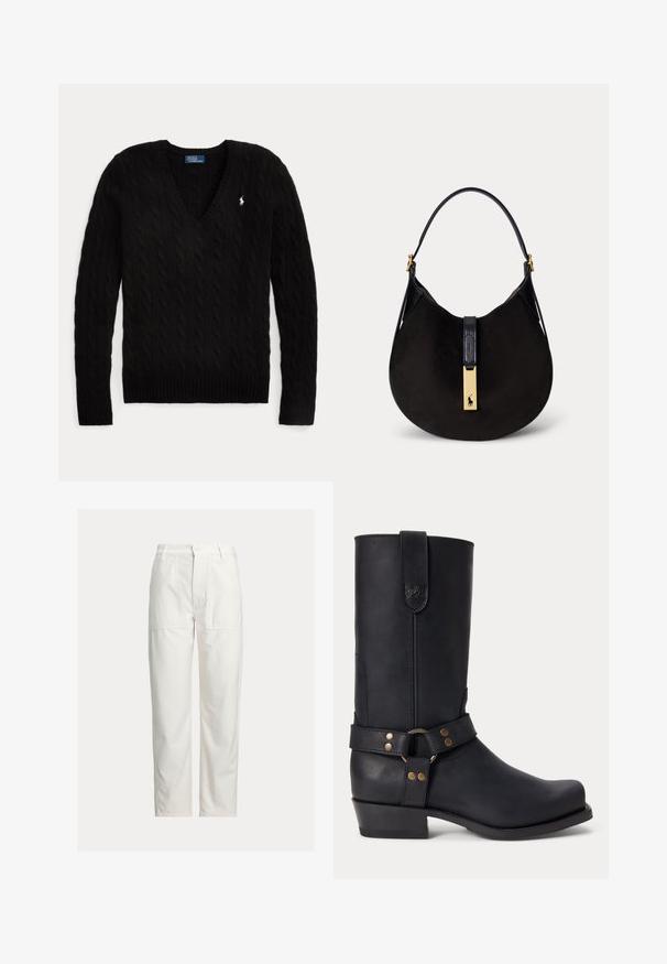 Pull noir torsadé à col en V, manches longues, avec un petit logo blanc Polo Ralph Lauren sur la poitrine gauche.; Pantalon blanc droit avec grandes poches plaquées devant, passants de ceinture et fermeture par bouton à la taille.; Botte noire en cuir mi-mollet avec un petit talon, un bout rond et une sangle décorative avec des rivets métalliques et un anneau autour de la cheville.; Sac à main croissant en daim noir avec une seule bandoulière noire et un fermoir doré avec un logo de joueur de polo.