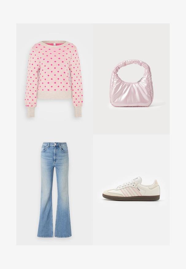 Roze gebreide trui met textuur, featuring verhoogde fuchsia stippen en een wijde halslijn. Strak aansluitende manchetten en een cropped silhouet.; Lichtblauwe flared jeans van denim, met een hoge taille, vijf zakken en een subtiele gradient vervaging naar de zoom toe.; Witte leren sneakers met roze accentstrepen, een rubberen bruine zool en een suède neuskap. Voorzien van veters en een merklabel op de tong.; Roze, gevoerde handtas met een afgeronde vorm, gemaakt van glanzend materiaal. Beschikt over een geplooide handgreep en een ritssluiting voor veilige toegang.