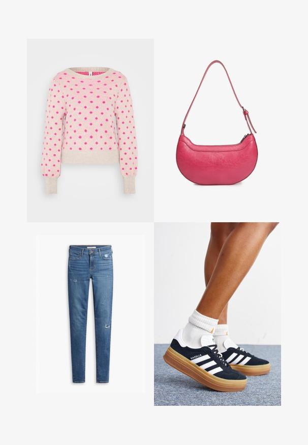 Roze gebreide trui met textuur, featuring verhoogde fuchsia stippen en een wijde halslijn. Strak aansluitende manchetten en een cropped silhouet.; Blauwe denim jeans met een slim fit, voorzien van versleten details, subtiele vervaging en een klassieke knoopsluiting, ontworpen voor casual gebruik.; Ben met witte sokken en zwarte Adidas Gazelle sneakers met witte strepen en dikke bruine zolen op een grijs tapijt.; Roze leren handtas met een gebogen vorm, een enkele verstelbare schouderriem en een ritssluiting aan de bovenkant. Geprofileerde afwerking met zichtbare kreukels.