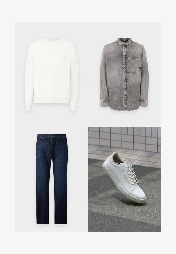 Weißes Sweatshirt mit Rundhalsausschnitt aus weichem Stoff, mit gerippten Bündchen und Saum, und einem dezenten, in hellgrau auf der Brust gedruckten Logo.; Graues Denim-Hemd mit Knopfleiste, langen Ärmeln, mittlerem Stoffgewicht, einer Brusttasche, abgedunkeltem Finish mit kontrastierenden Knöpfen, klassischem Kragen.; Dunkelblaue Denim-Jeans mit geradem Bein, ausgestattet mit fünf Taschen, einem Vorderknopfverschluss und subtilen Ausbleichungen in der Kniegegend.; Weiße Sneaker aus strukturiertem Leder, mit einer Schnürung vorne, robustem Gummisohle und minimalistisches Design mit verstärkter Zehenkappe.