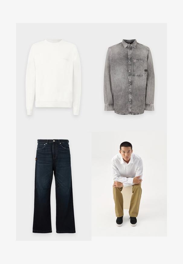 Witte crewneck sweatshirt gemaakt van zachte stof, met ribgebreide boorden en zoom, en een subtiele logo gedrukt op de borst in lichtgrijs.; Grijze denim knopsluiting overhemd, lange mouwen, stof van gemiddelde dikte, enkele borstzak, vervaagde afwerking met contrasterende knopen, klassieke kraag.; Donkerblauwe broek met rechte pijpen, klassieke vijf-pocket ontwerp, riemlussen en subtiele vervaging bij de voorkant en knieën.; Jonge man in wit gestreept overhemd en kaki broek, voorover zittend op een kruk met gekruiste armen, kijkt recht vooruit op een witte achtergrond.