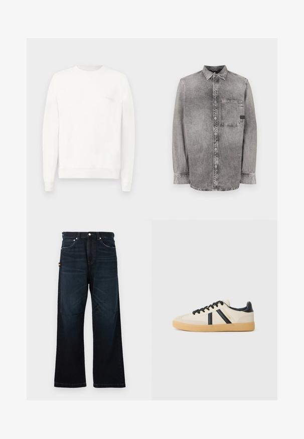 Weißes Sweatshirt mit Rundhalsausschnitt aus weichem Stoff, mit gerippten Bündchen und Saum, und einem dezenten, in hellgrau auf der Brust gedruckten Logo.; Graues Denim-Hemd mit Knopfleiste, langen Ärmeln, mittlerem Stoffgewicht, einer Brusttasche, abgedunkeltem Finish mit kontrastierenden Knöpfen, klassischem Kragen.; Dunkelblaue gerade Jeans mit klassischem Fünf-Taschen-Design, Gürtelschlaufen und subtilen verblassten Details an der Vorderseite und an den Knien.; Legere Sneaker in Creme mit schwarzen Streifen, mit einer strukturierten Oberseite und einer Sohle aus Gummi. Die Schnürsenkel sind schwarz. Diskretes Logo an der Seite.