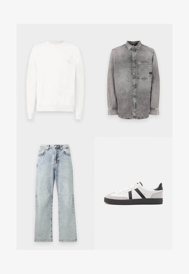Weißes Sweatshirt mit Rundhalsausschnitt aus weichem Stoff, mit gerippten Bündchen und Saum, und einem dezenten, in hellgrau auf der Brust gedruckten Logo.; Graues Denim-Hemd mit Knopfleiste, langen Ärmeln, mittlerem Stoffgewicht, einer Brusttasche, abgedunkeltem Finish mit kontrastierenden Knöpfen, klassischem Kragen.; Hellblaue Denim-Hosen mit lockerem Schnitt, verblasster Textur, fünf Taschen und einem Knopfverschluss am Bund. Flache Nähte und weite Beine.; Weiße Sneaker mit schwarz- und grau-aczenten, ausgestattet mit einer strukturierten grauen Zehenkappe, schwarzer Gummi-Sohle und flachen weißen Schnürsenkeln. Sauberes Design, minimalistische Stil.